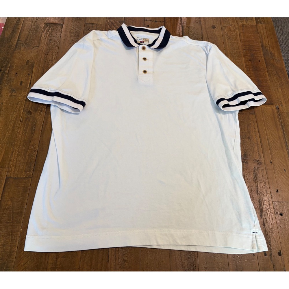 Vintage Cutter & Buck Mens XL White Navy Striped Trim Cotton Polo CB2224-15